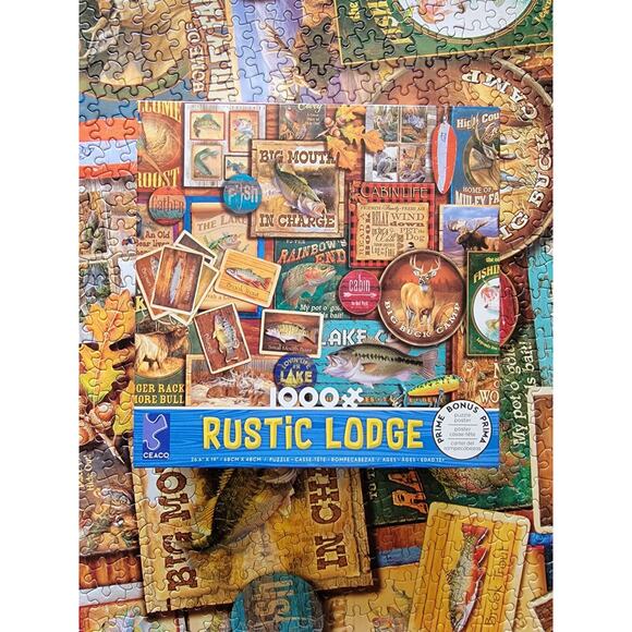 Jigsaw Puzzle 1000 Pcs Rustic Lodge Hunting Fishing Camping Art Collage Complete - Picture 3 of 9